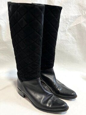 Te Casan knee high boots 39 8.5 9 womens black quilted suede leather block heel